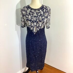 VTG  LAWRENCE KOZAR NEW YORK SZ SMALL NAVY BEADED COCKTAIL DRESS PARTY